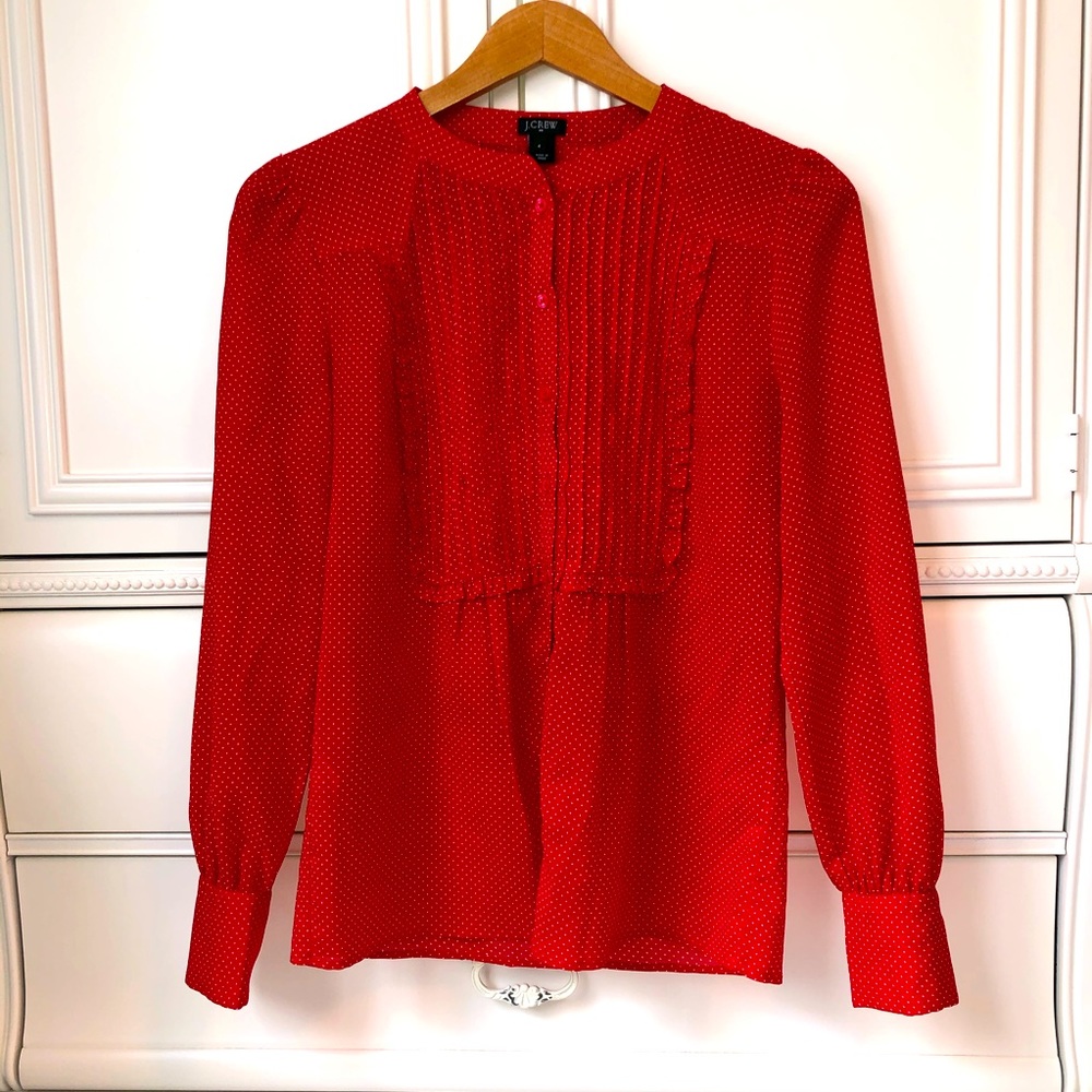 J.Crew Red Polka Dot Print Collarless Blouse